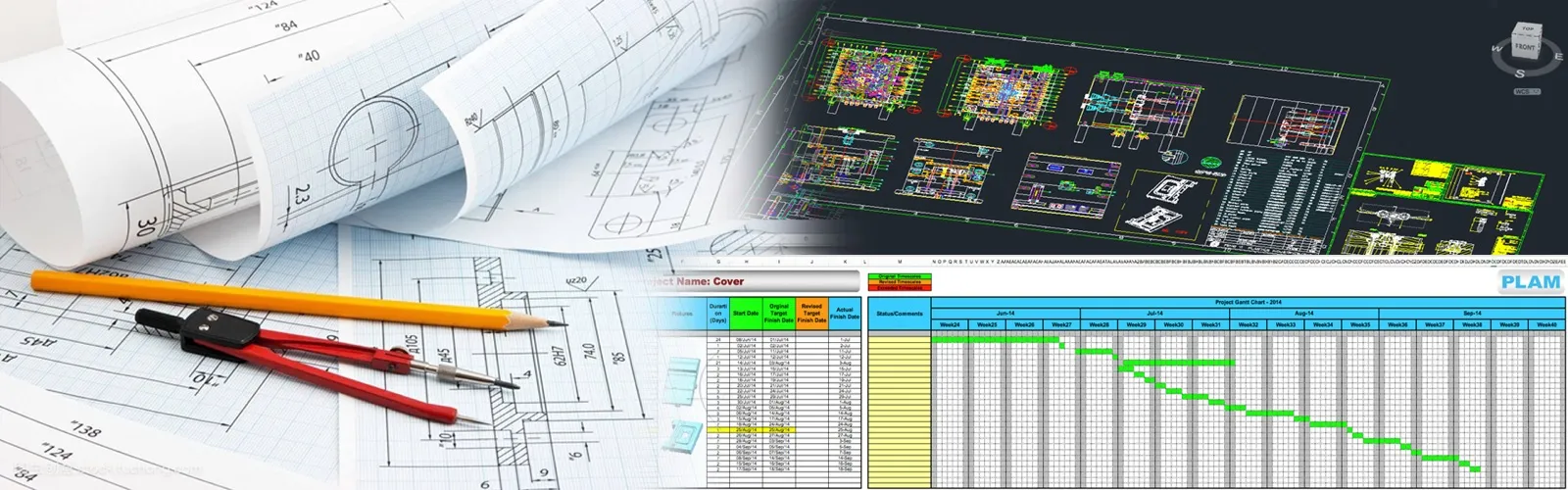 PLAM engineering blueprints, CAD layouts, and project planning materials