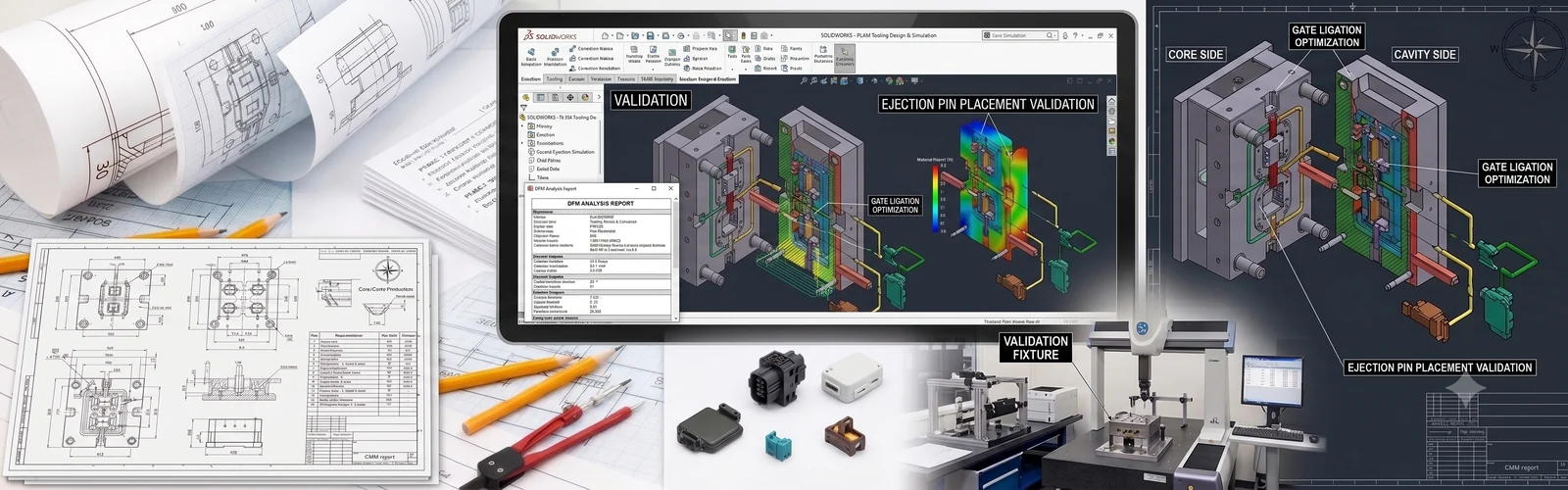 PLAM project engineering — CAD design, mold-flow validation, and metrology fixtures