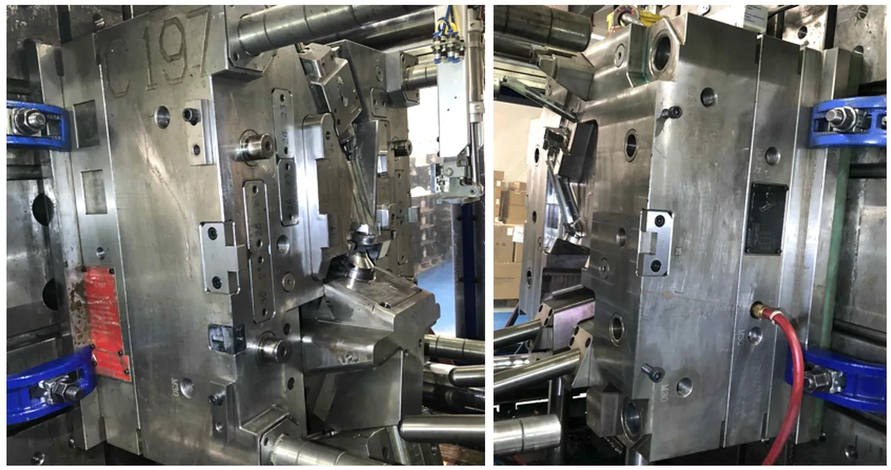 PLAM in-house injection mold — C197 Automotive Tool: Large structural automotive mold with engraved cavity and core, fitted in a 1000T+ press.