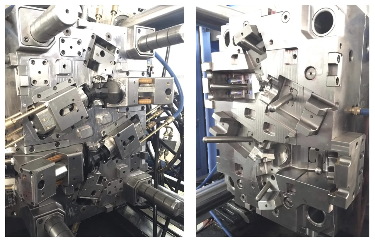 PLAM in-house injection mold — Hydraulic Slide & Lifter Tool: Complex action mold with hydraulic slides, angled lifters, and hot-runner manifold.