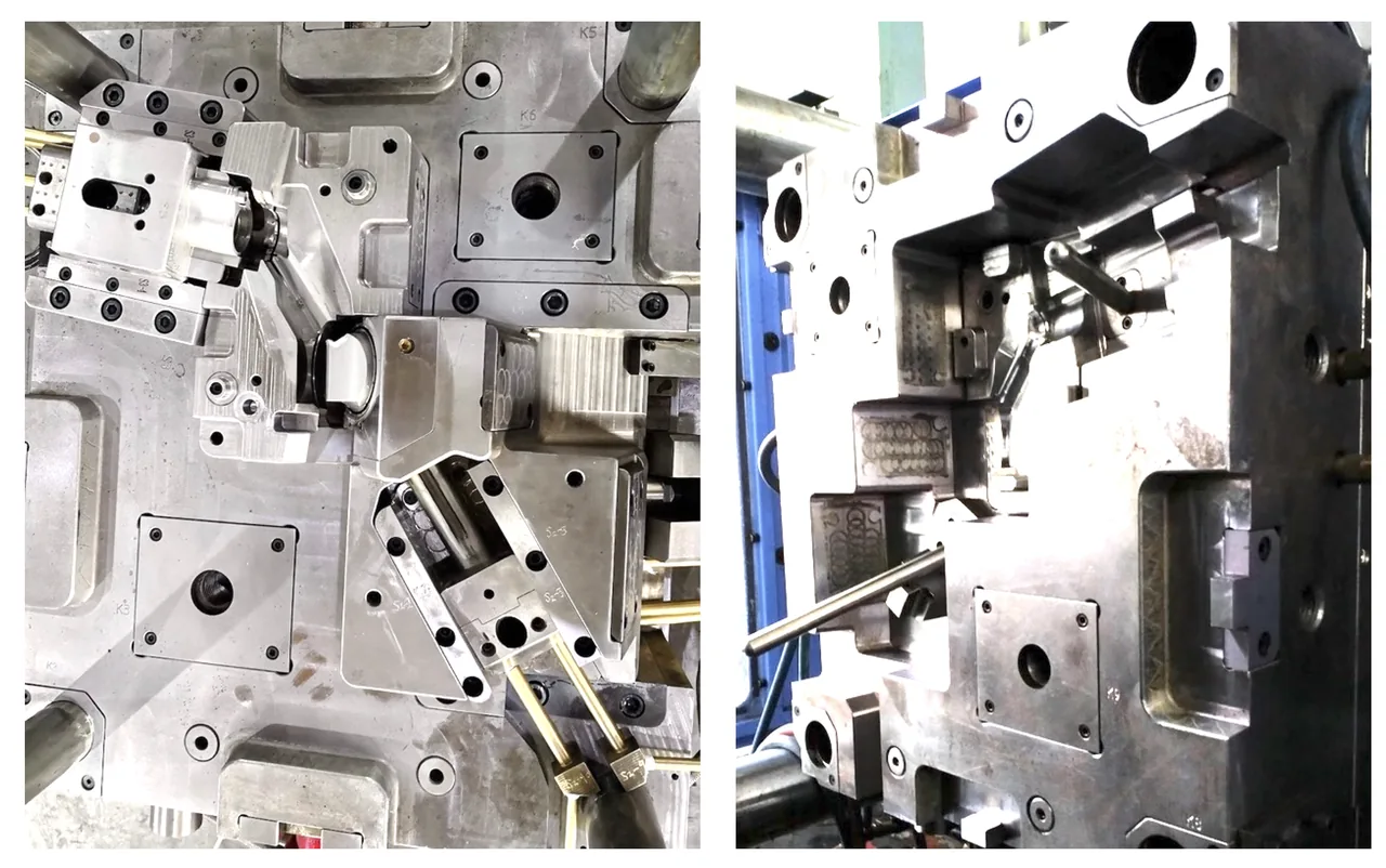 PLAM in-house injection mold — Angled-Core Action Mold: Steep angled side cores releasing undercut geometry without secondary operations.
